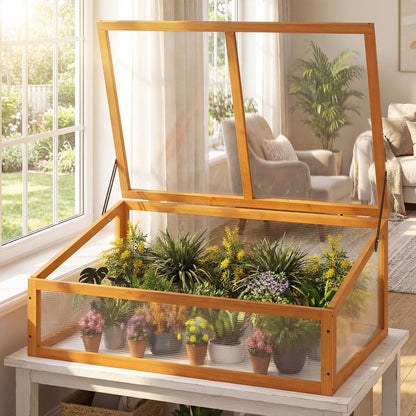 Wood Cold Frame Greenhouse – Fir Wood Raised Garden Bed Cover with Adjustable Polycarbonate Roof