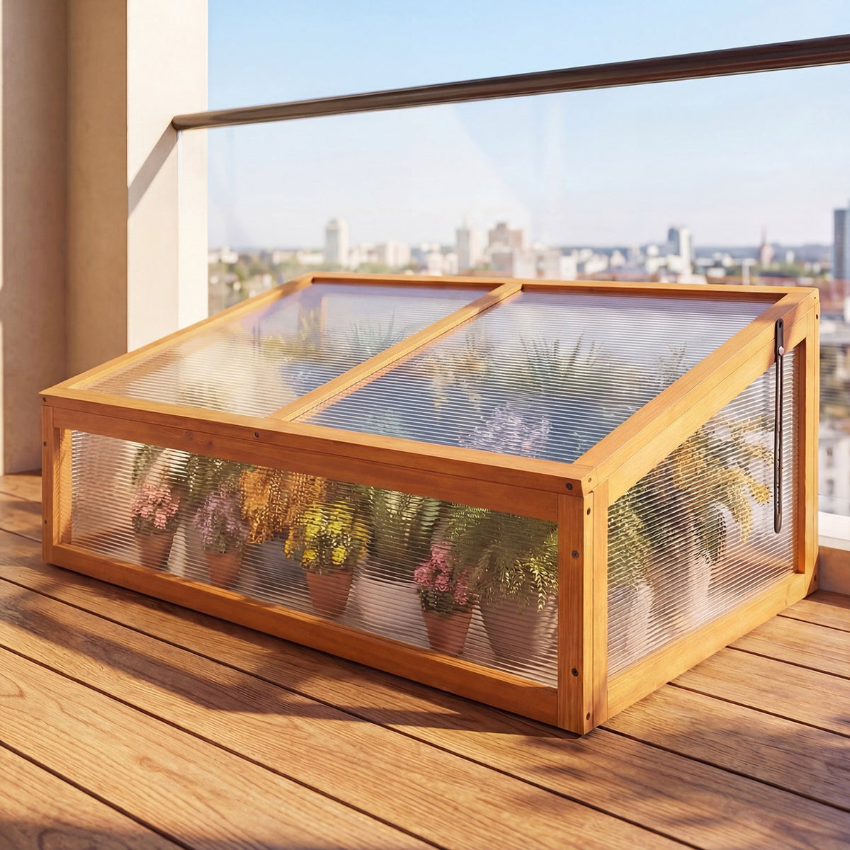 Wood Cold Frame Greenhouse – Fir Wood Raised Garden Bed Cover with Adjustable Polycarbonate Roof