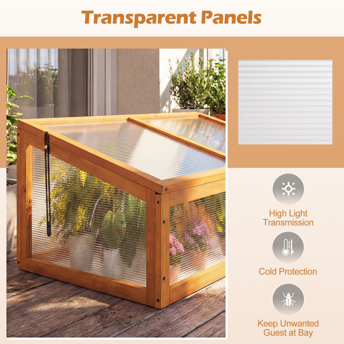 Wood Cold Frame Greenhouse – Fir Wood Raised Garden Bed Cover with Adjustable Polycarbonate Roof