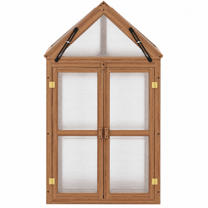 Mini Wooden Greenhouse with Double Doors – Fir Wood Cold Frame with Adjustable Roof & 3 Shelves