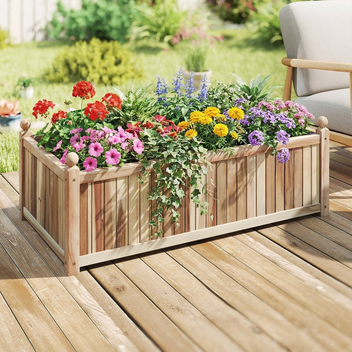 Natural Acacia Wood Raised Garden Bed – Outdoor Wooden Planter Box with Removable Bottom & Drainage Liner