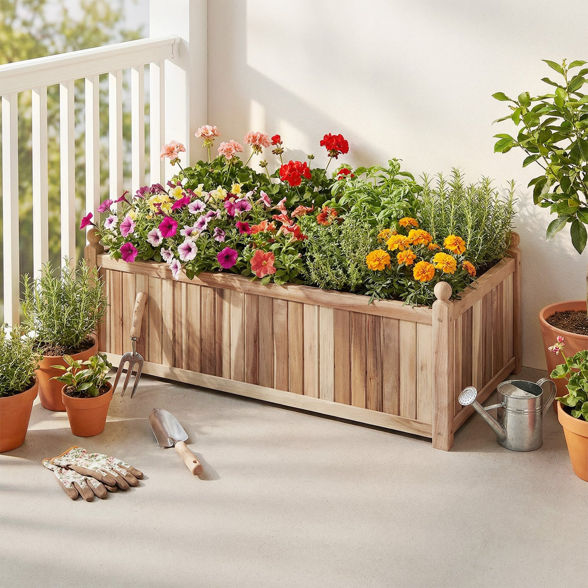 Natural Acacia Wood Raised Garden Bed – Outdoor Wooden Planter Box with Removable Bottom & Drainage Liner