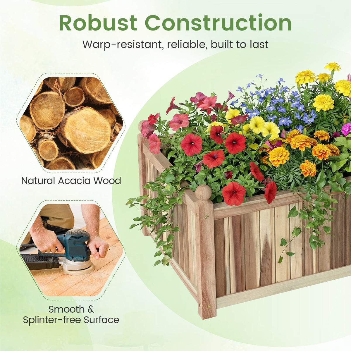Natural Acacia Wood Raised Garden Bed – Outdoor Wooden Planter Box with Removable Bottom & Drainage Liner
