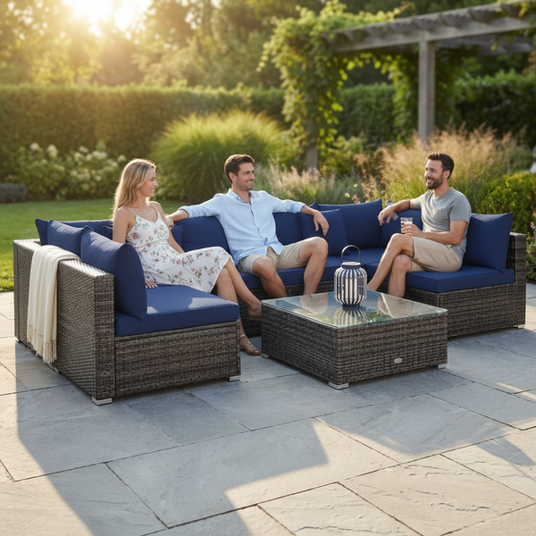 7-Piece Patio Rattan Furniture Set Sectional Sofa Cushioned Garden Navy
