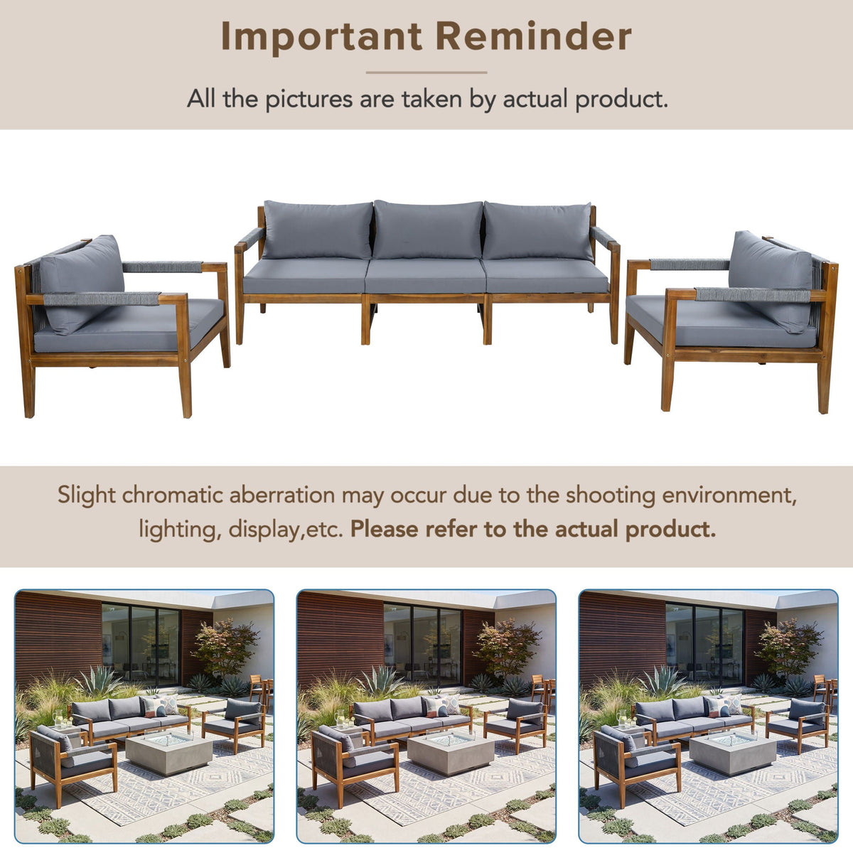 Acacia Wood Outdoor Modular Seating Set with Rope Accents & Water‑Resistant Cushions – 3‑Piece
