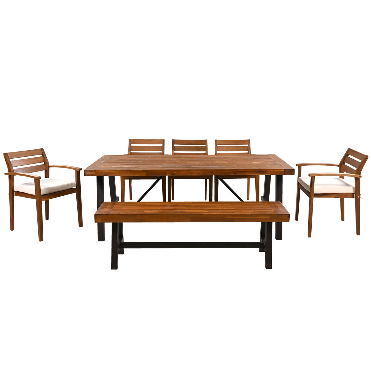 Outdoor Dining Set for 7–8 — Acacia Wood, Beige Cushions & Ergonomic Chairs