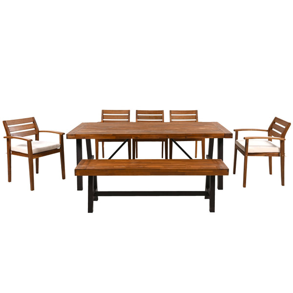 Outdoor Dining Set for 7–8 — Acacia Wood, Beige Cushions & Ergonomic Chairs