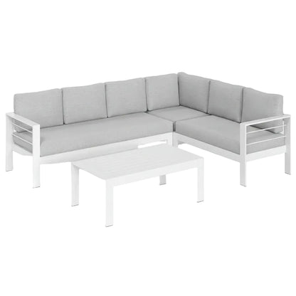 Aluminum Patio Furniture Set, Metal Patio Sectional Sofa with Imitation Wood Tabletop Coffee Table, Modern Outdoor Furniture Couch with Water-Resistant Cushion for Balcony Backyard, White