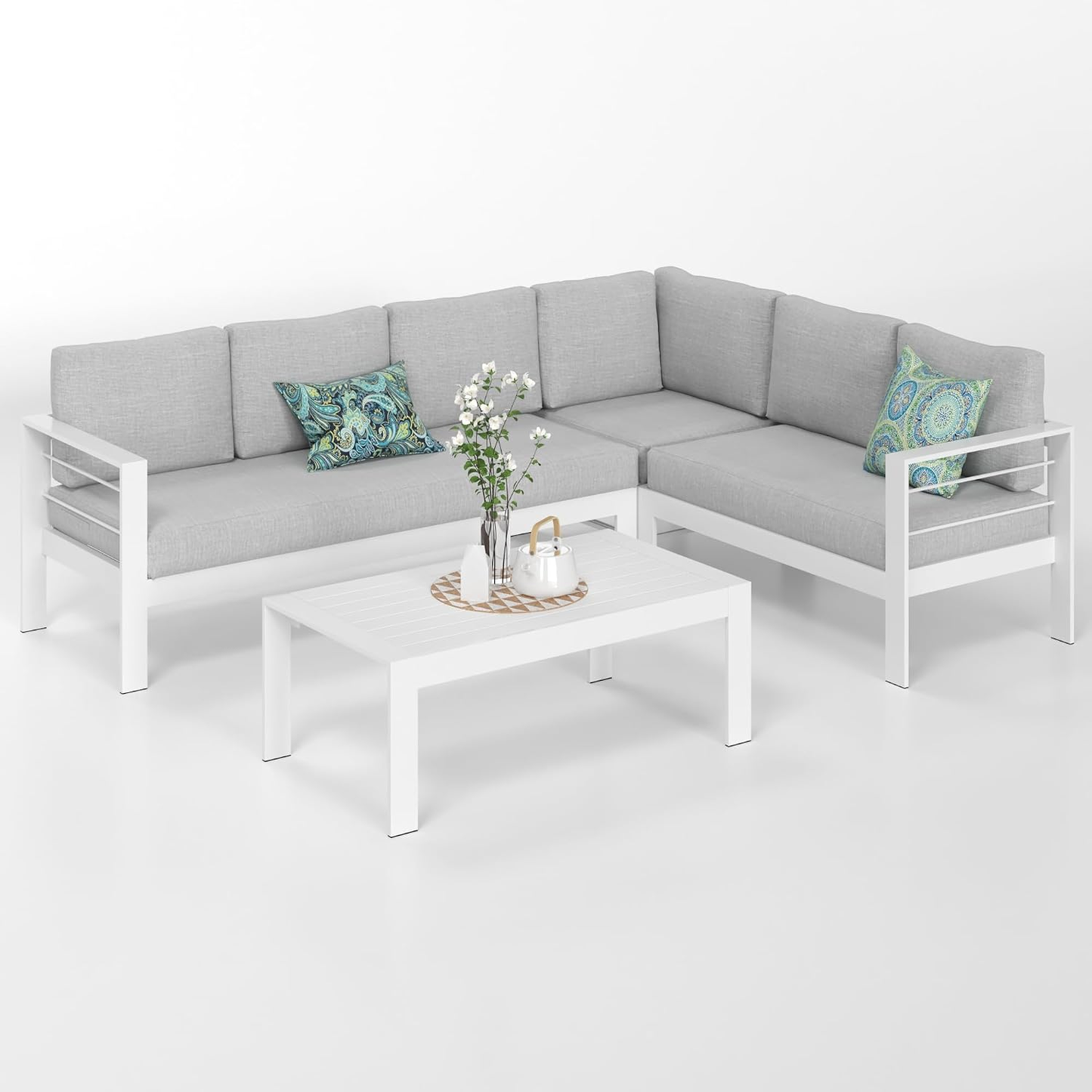 Aluminum Patio Furniture Set, Metal Patio Sectional Sofa with Imitation Wood Tabletop Coffee Table, Modern Outdoor Furniture Couch