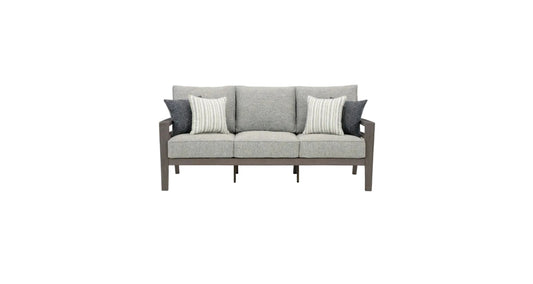 Hillside Barn Outdoor Sofa — Weatherwood Resin‑Polymer Construction with Gray/Brown Cushions