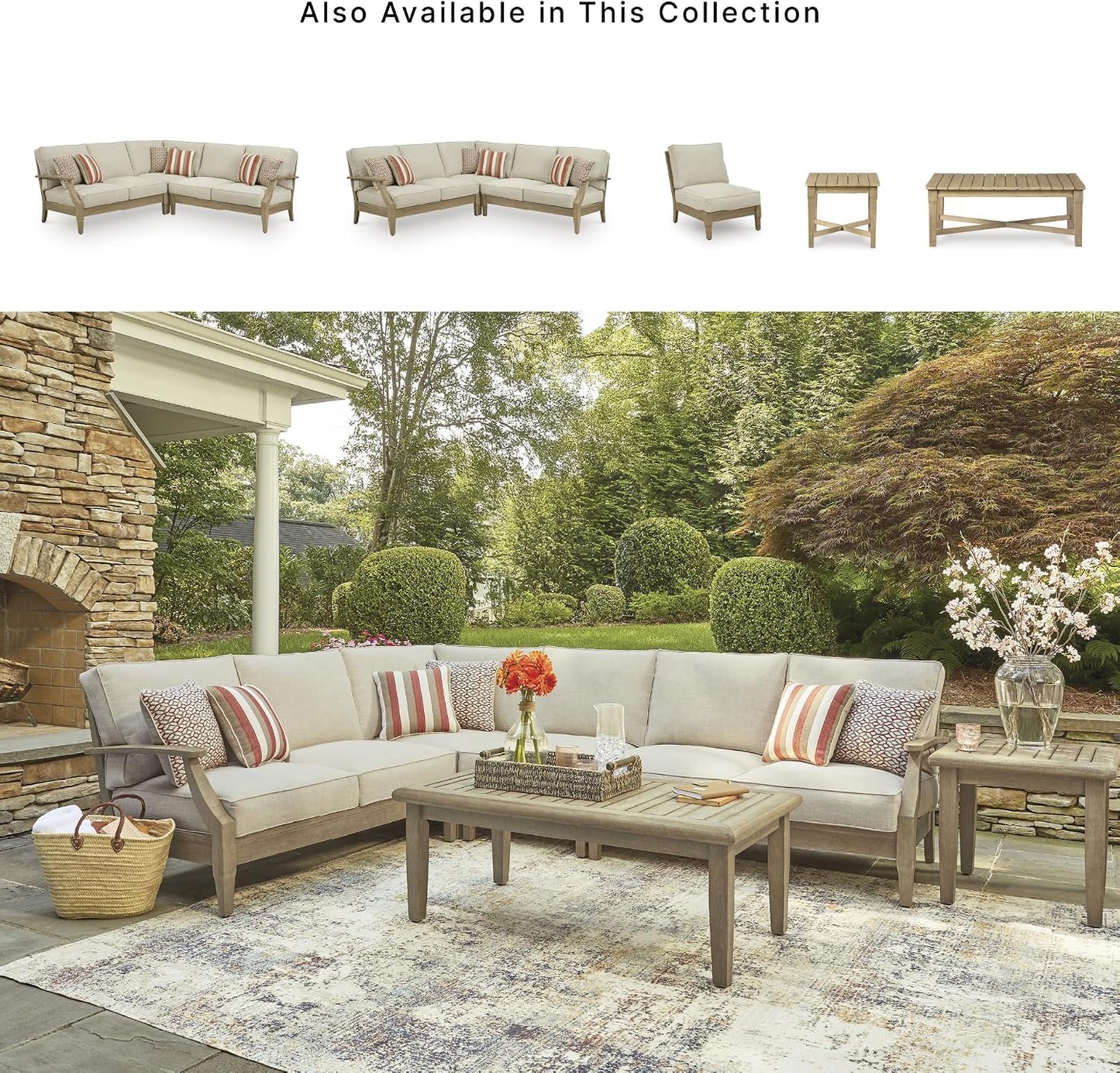 Signature Design by Ashley 4-Piece L-Shape Clare View Outdoor Sectional, Patio Conversation Furniture Set, Eucalyptus Wood with Nuvella Fabric Cushions for Backyard, Beige