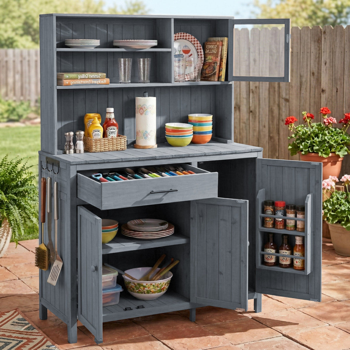 Solid Fir Wood Potting Bench with Hutch - Brown or Gray