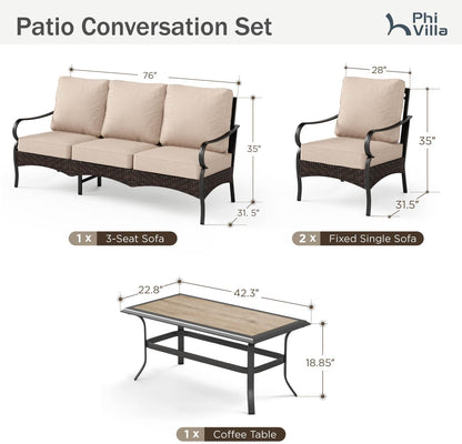 Outdoor Modern Patio Furniture Set, Upgraded Wicker & Metal Patio Furniture Conversation Set with Waterproof Thick Cushions for Porch, Poolside, Yard (4 Pieces,Beige)