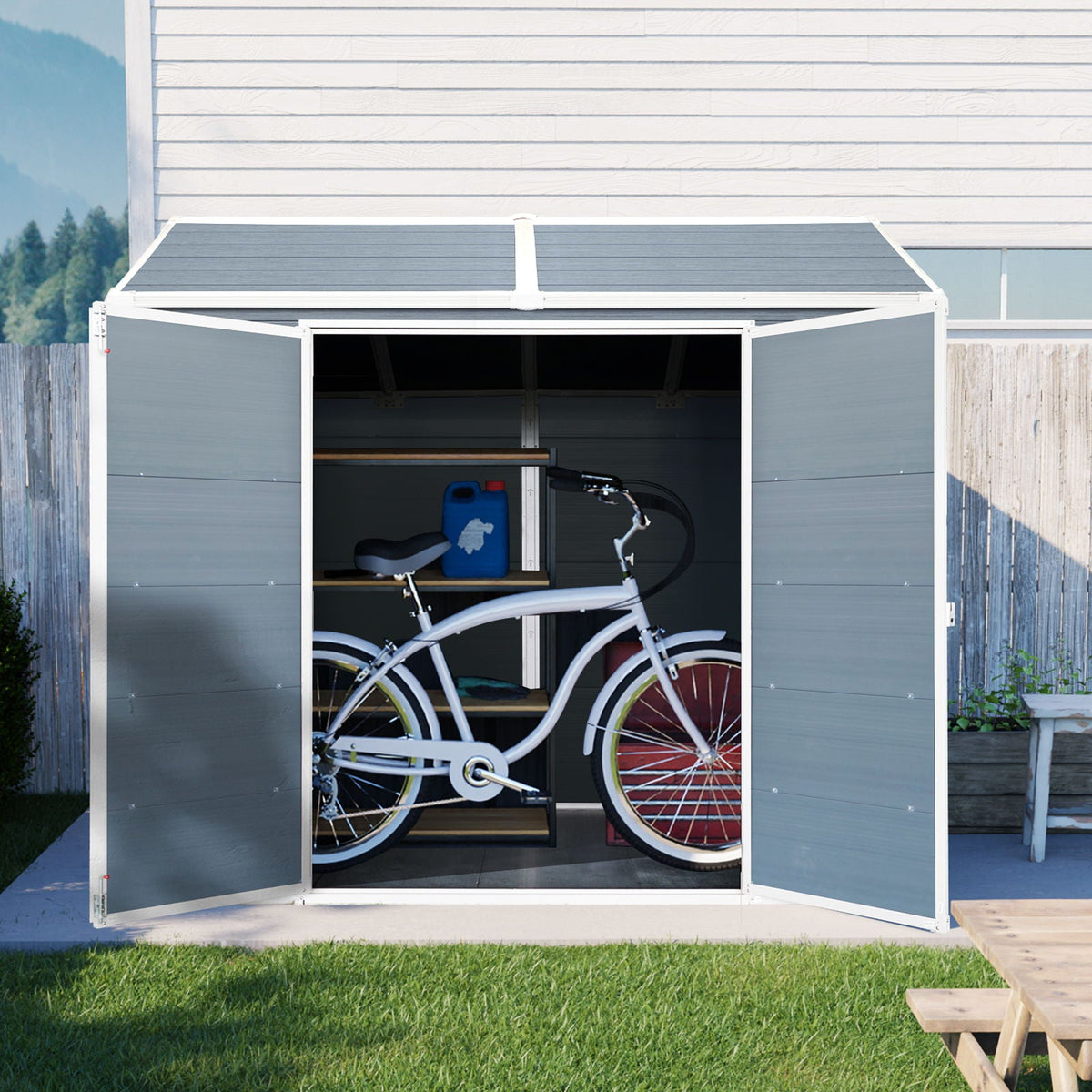 Resin Outdoor Storage Shed with Floor & Lockable Door - Gray or Black