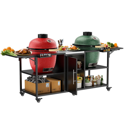 Outdoor Grill Cart for 2 Big Egg Grills – Black/Silver