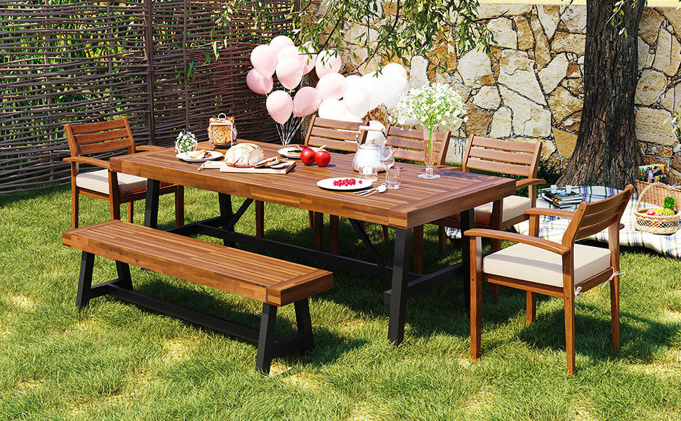 Outdoor Dining Set for 7–8 — Acacia Wood, Beige Cushions & Ergonomic Chairs