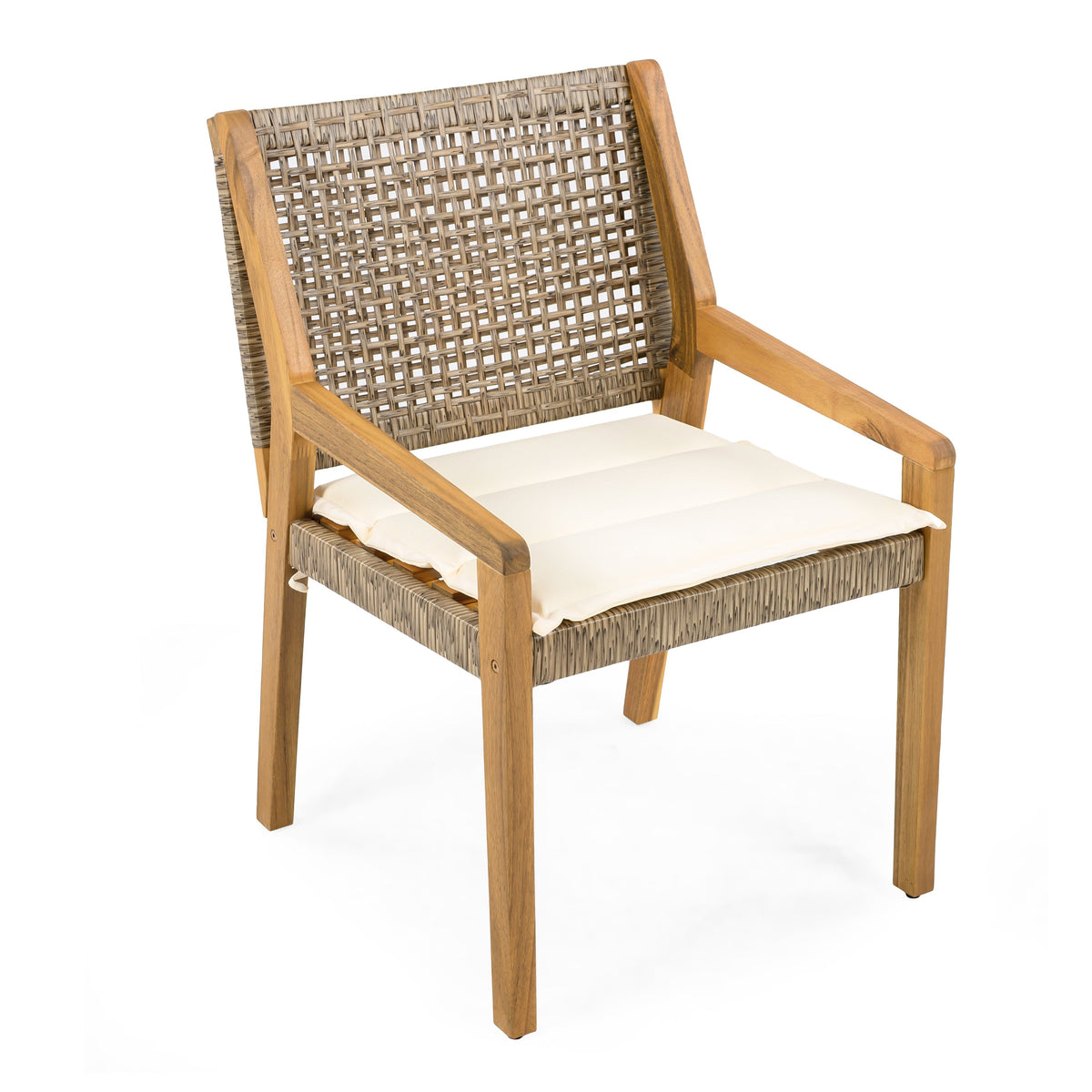 Acacia Wood & Wicker Outdoor Dining Chair Set of 4 with Cream Cushions