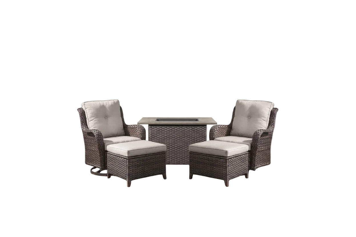 5-Piece High Back Outdoor Wicker Conversation Set with Swivel Chairs, Ottoman & 50,000 BTU Fire Pit Table - Patio Furniture Set for Deck, Porch, Poolside