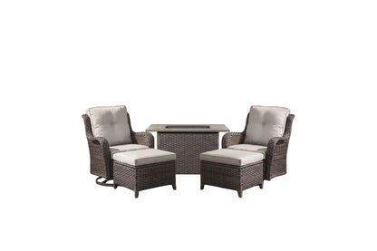 5-Piece High Back Outdoor Wicker Conversation Set with Swivel Chairs, Ottoman & 50,000 BTU Fire Pit Table - Patio Furniture Set for Deck, Porch, Poolside