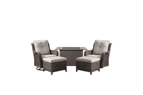 5-Piece High Back Outdoor Wicker Conversation Set with Swivel Chairs, Ottoman & 50,000 BTU Fire Pit Table - Patio Furniture Set for Deck, Porch, Poolside