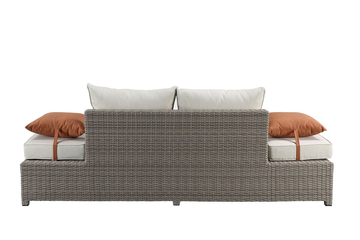 Salena All‑Weather Wicker Patio Sofa & Ottoman with Toss Pillows – Beige / Gray