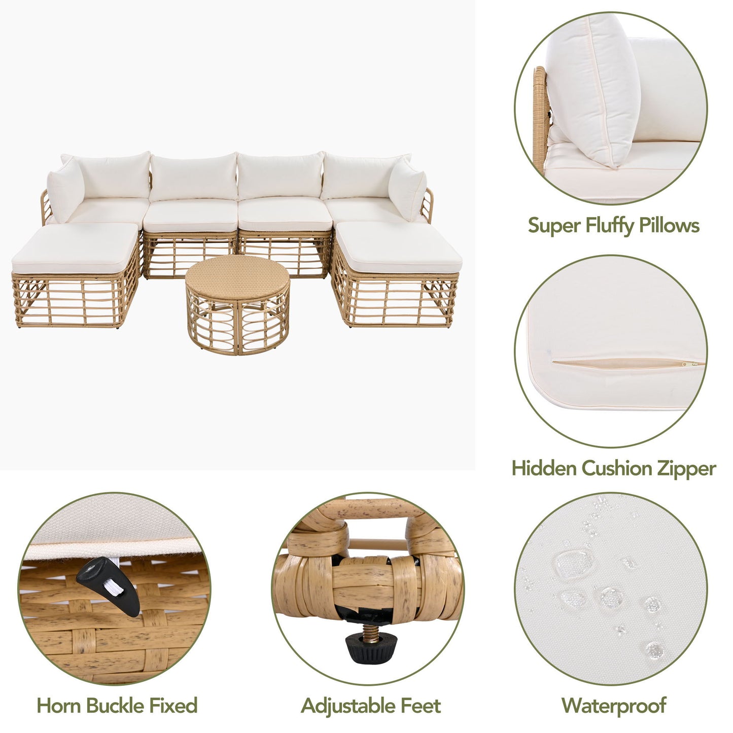 Outdoor Patio Furniture, All-Weather Rattan Sectional Sofa Set With Thick Cushions And Pillows-Beige