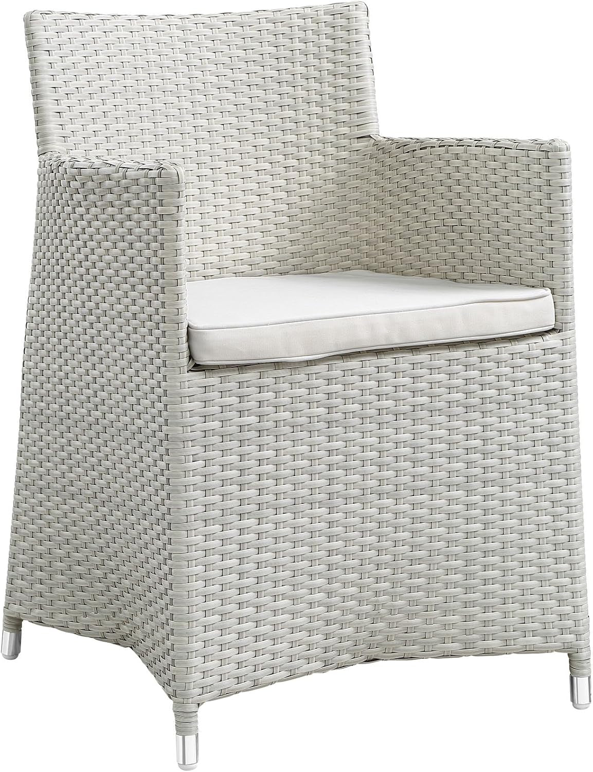 Junction Wicker Rattan 7-Piece Outdoor Patio Dining Set with 63" Dining Table and Six Dining Armchairs with Cushions in Gray White