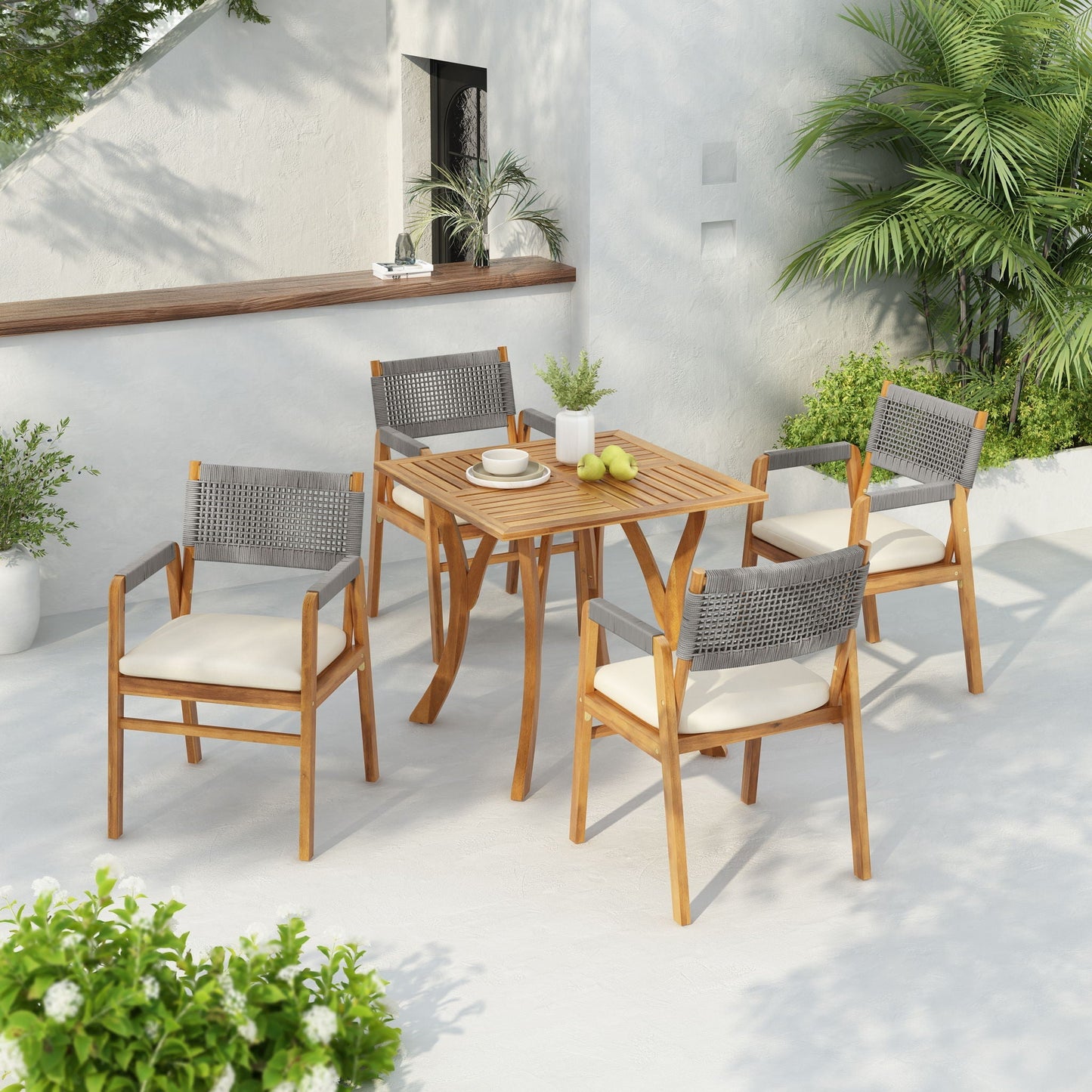 5 Piece Outdoor Rustic Patio Acacia Bistro Set With Cushions
