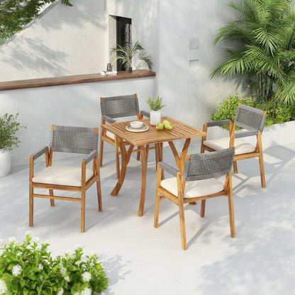 5 Piece Outdoor Rustic Patio Acacia Bistro Set With Cushions