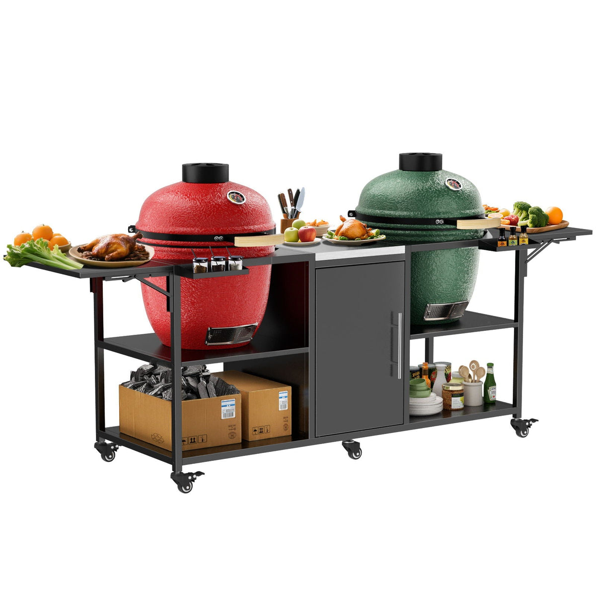 Outdoor Grill Cart for 2 Big Egg Grills – Black/Silver