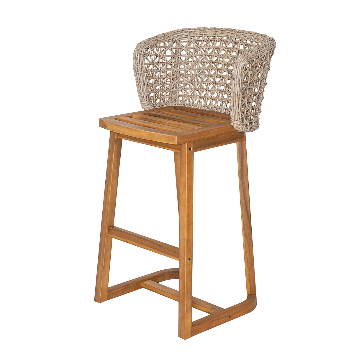 Outdoor Bar Stools — Acacia Wood, Wicker Backrest & Plush Beige Cushions (Set of 4)