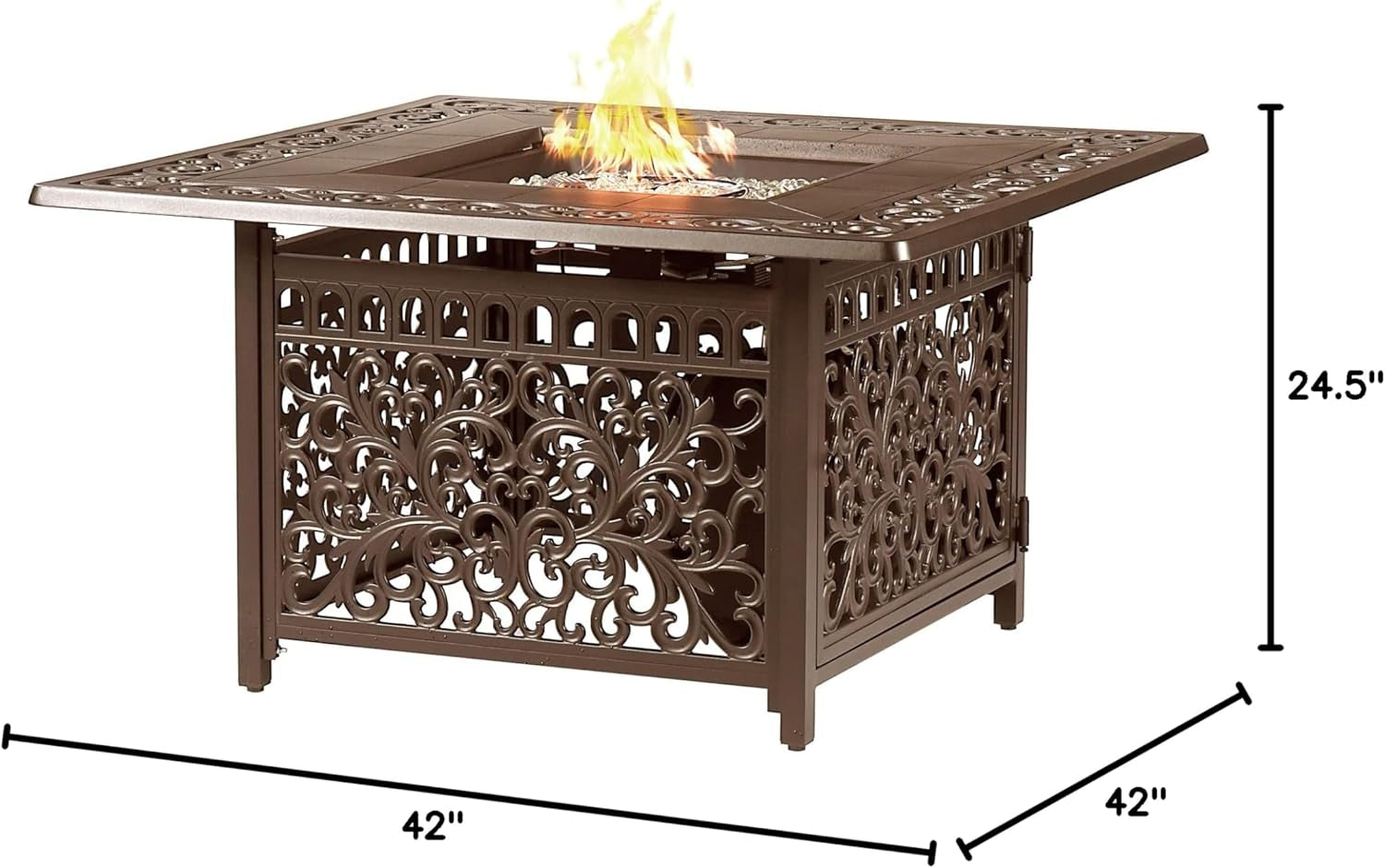 Square 42 In. X 42 In. Aluminum Propane Fire Pit Table with Glass Beads, Two Covers, Lid, 57,000 Btus in Brown Finish