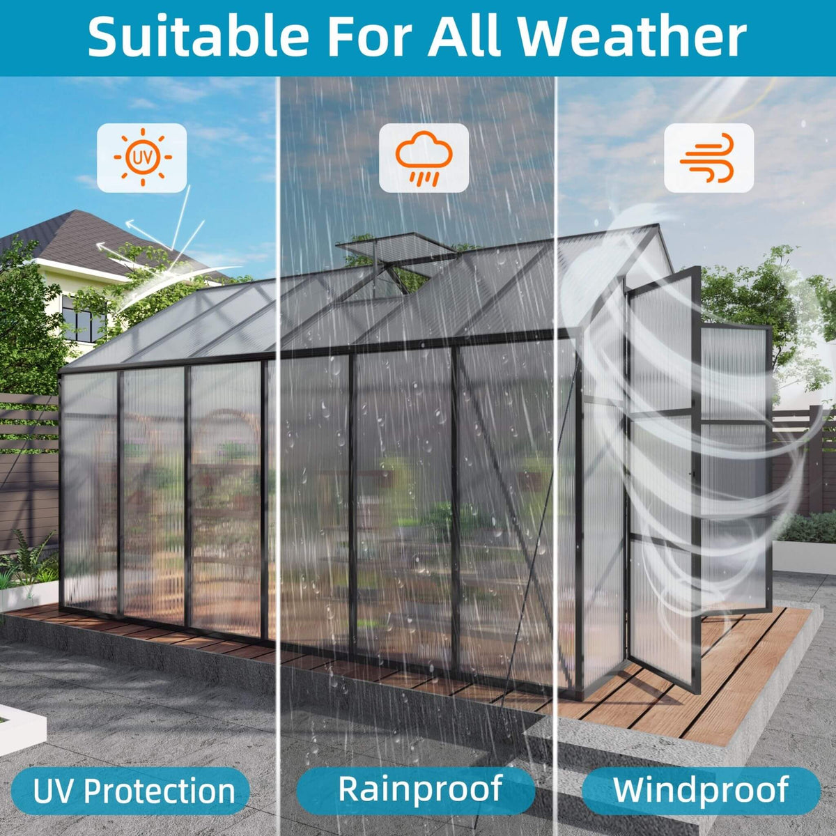 8' × 12' All-Season Outdoor Greenhouse – Twin-Wall Polycarbonate Panels, Aluminum Frame & Adjustable Roof Vent