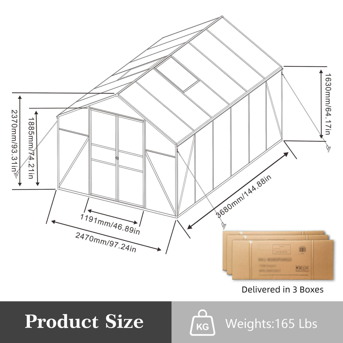 8' × 12' All-Season Outdoor Greenhouse – Twin-Wall Polycarbonate Panels, Aluminum Frame & Adjustable Roof Vent