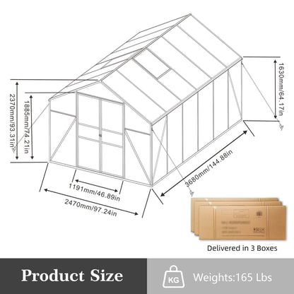 8' × 12' All-Season Outdoor Greenhouse – Twin-Wall Polycarbonate Panels, Aluminum Frame & Adjustable Roof Vent