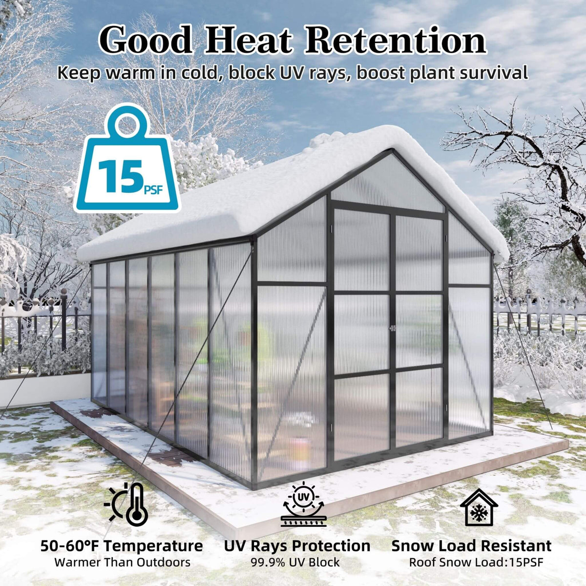 8' × 12' All-Season Outdoor Greenhouse – Twin-Wall Polycarbonate Panels, Aluminum Frame & Adjustable Roof Vent