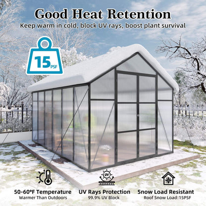 8' × 12' All-Season Outdoor Greenhouse – Twin-Wall Polycarbonate Panels, Aluminum Frame & Adjustable Roof Vent
