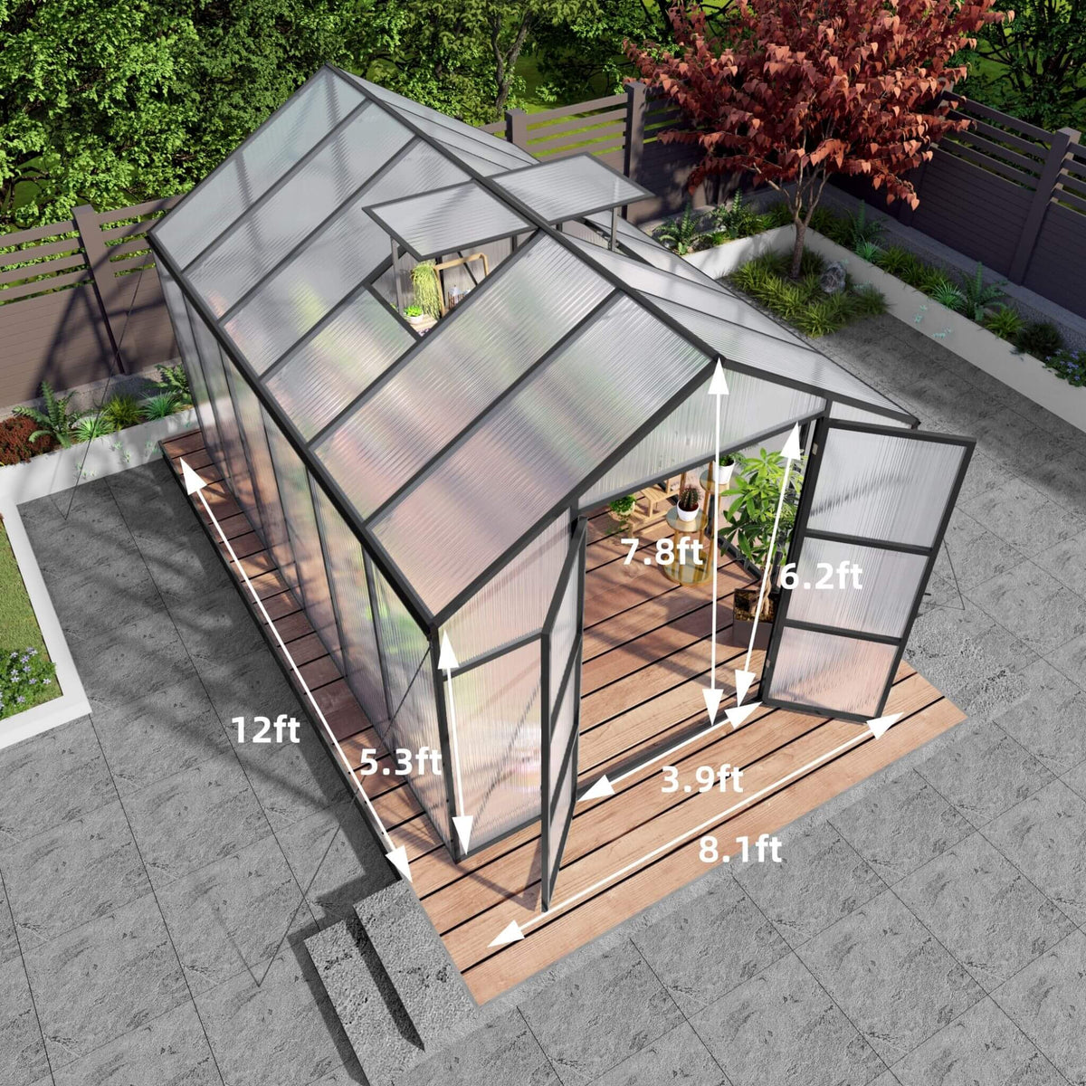 8' × 12' All-Season Outdoor Greenhouse – Twin-Wall Polycarbonate Panels, Aluminum Frame & Adjustable Roof Vent