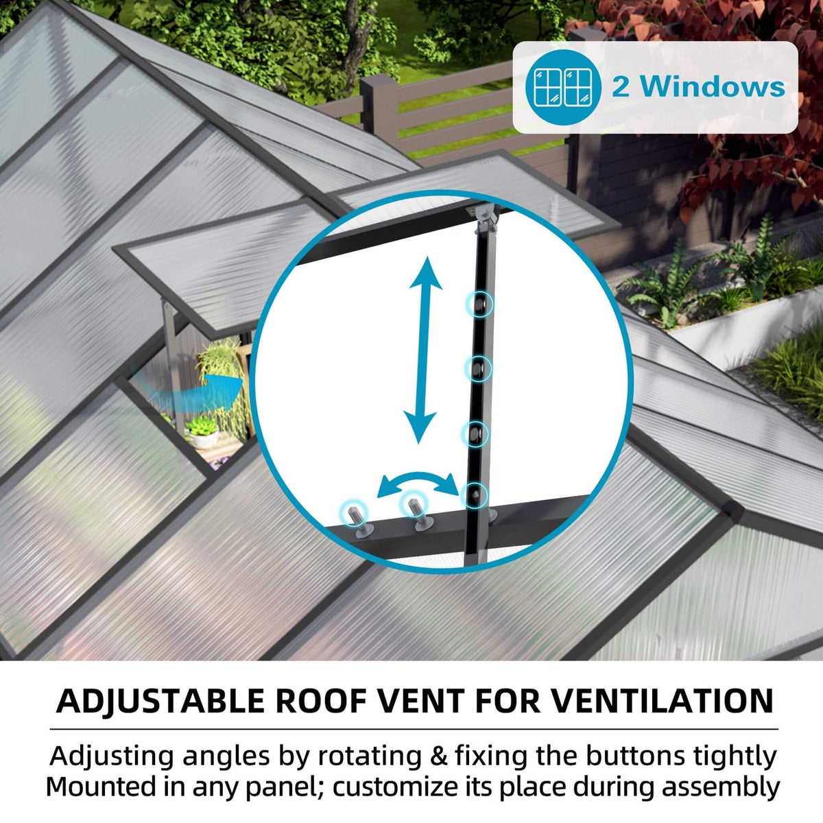 8' × 12' All-Season Outdoor Greenhouse – Twin-Wall Polycarbonate Panels, Aluminum Frame & Adjustable Roof Vent