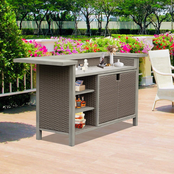 Outdoor Patio Bar Table – 76" Wood‑Grain Aluminum Frame with Woven Wicker Accents