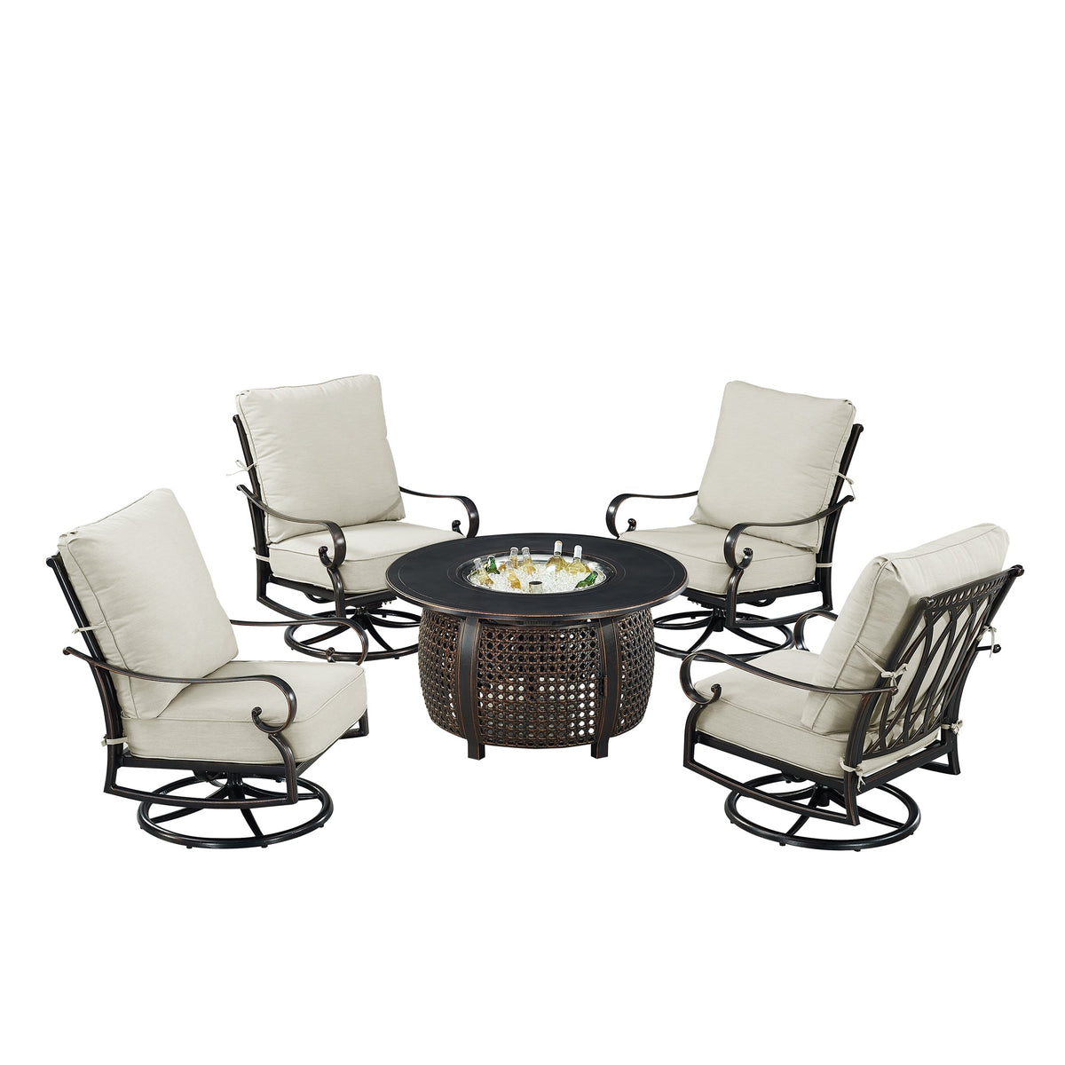 Black Aluminum Fire Table Set with Four Club Chairs