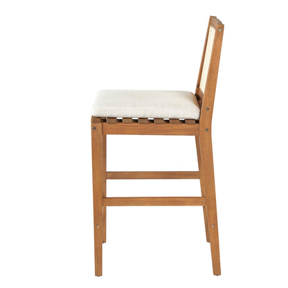 Kirkby Acacia Wood Outdoor Barstool with Woven Rattan Backrest & Cushion  Short + Clean