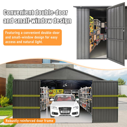 12x20ft Outdoor Metal Garage Shed with Lockable Double Doors - Dark Gray