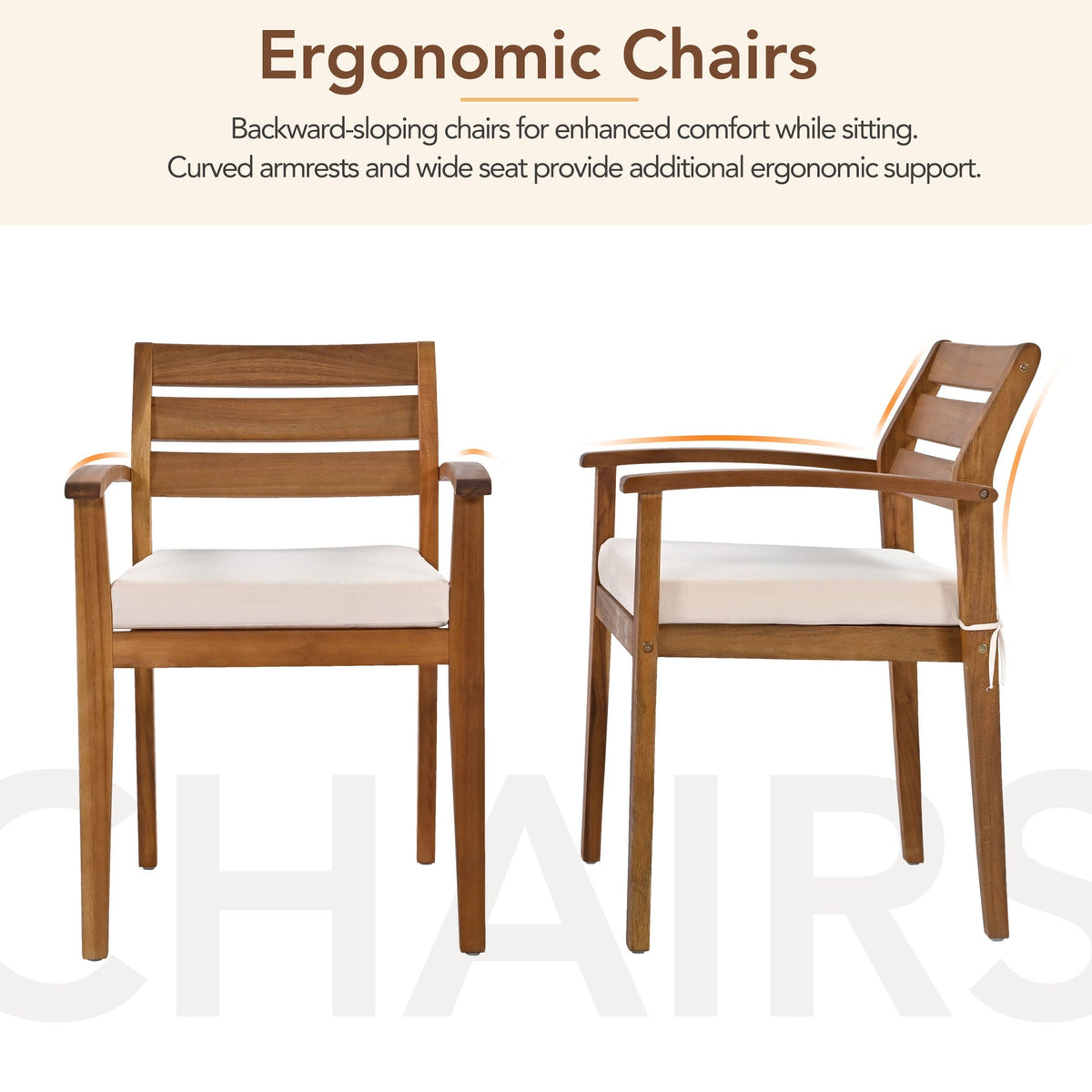 Outdoor Dining Set for 7–8 — Acacia Wood, Beige Cushions & Ergonomic Chairs