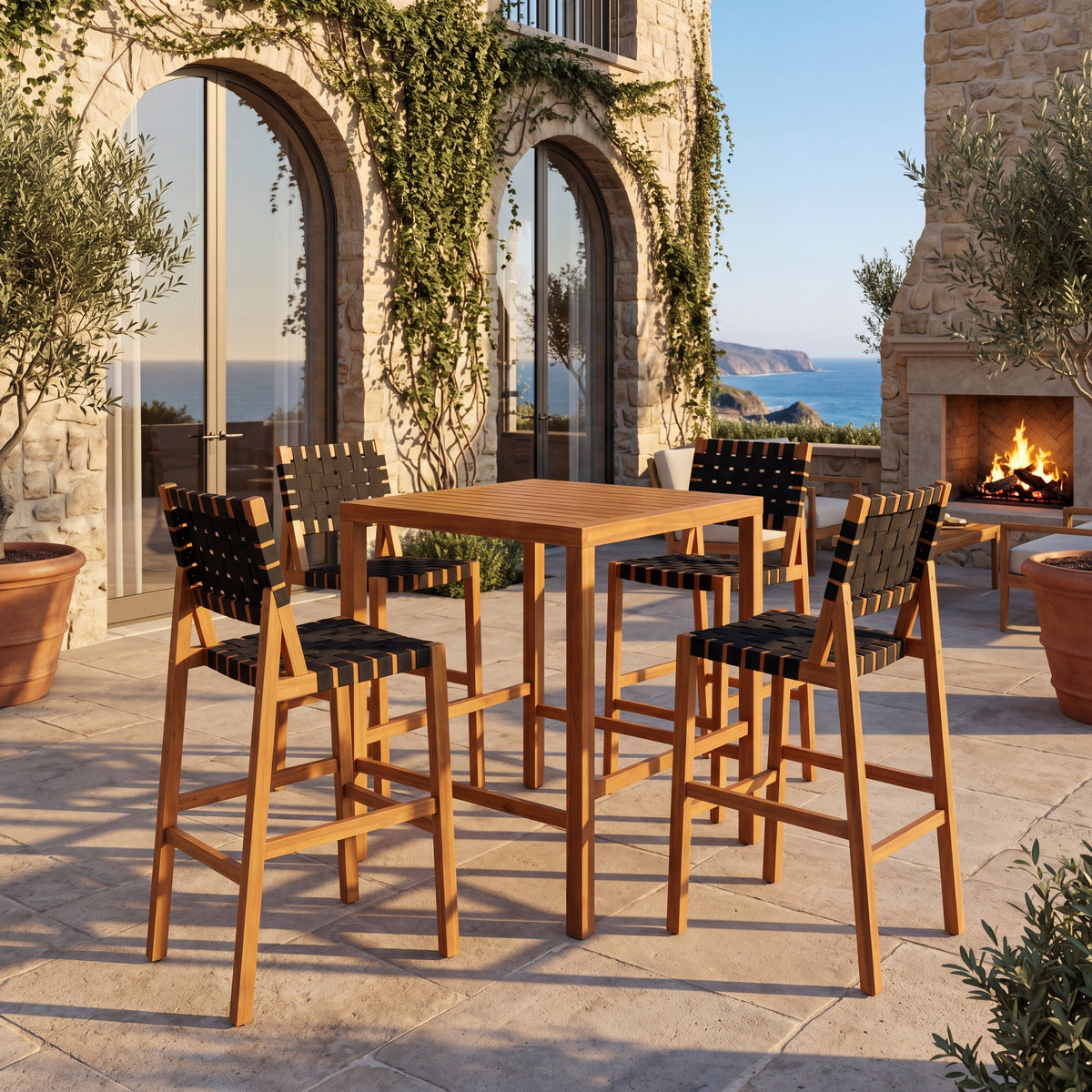 Acacia Wood Bar‑Height Patio Dining Set — 5‑Piece Square Table & Woven Bar Chairs