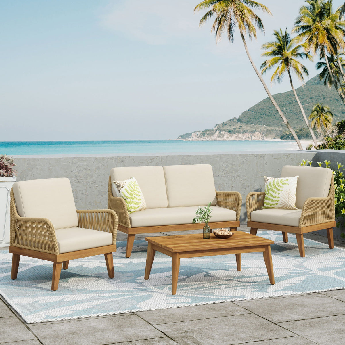 Hueber 4‑Piece Acacia Wood Outdoor Chat Set with Rope Detailing & Water‑Resistant Cushions