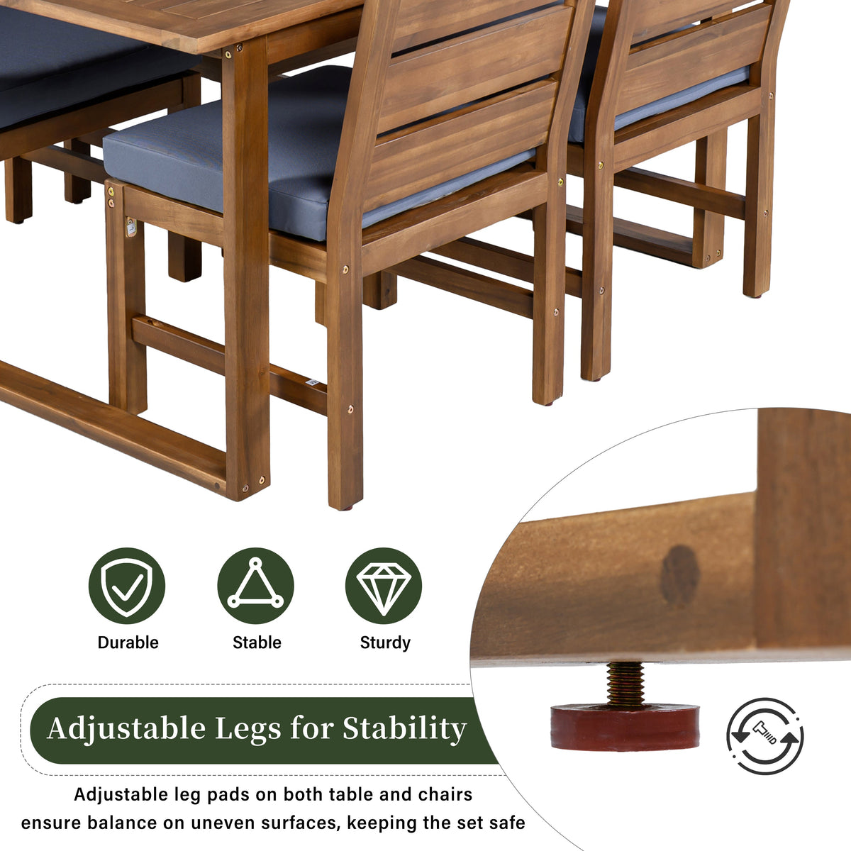 5‑Piece Acacia Wood Outdoor Farmhouse Dining Set with Cushions – Natural Finish