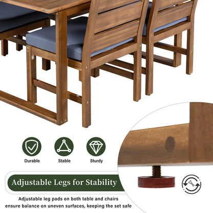 5‑Piece Acacia Wood Outdoor Farmhouse Dining Set with Cushions – Natural Finish