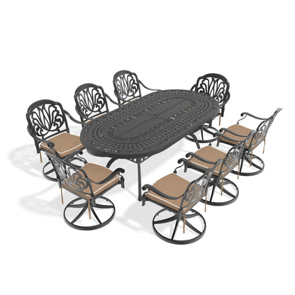 9-Piece Cast Aluminum Patio Dining Set with Swivel Chairs - Black