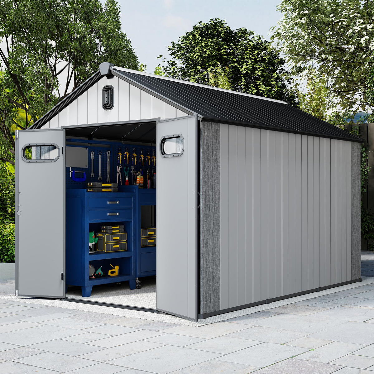 8' × 14' Outdoor Resin Storage Shed with Carpet – Gray | Weather-Resistant Garden & Backyard Storage